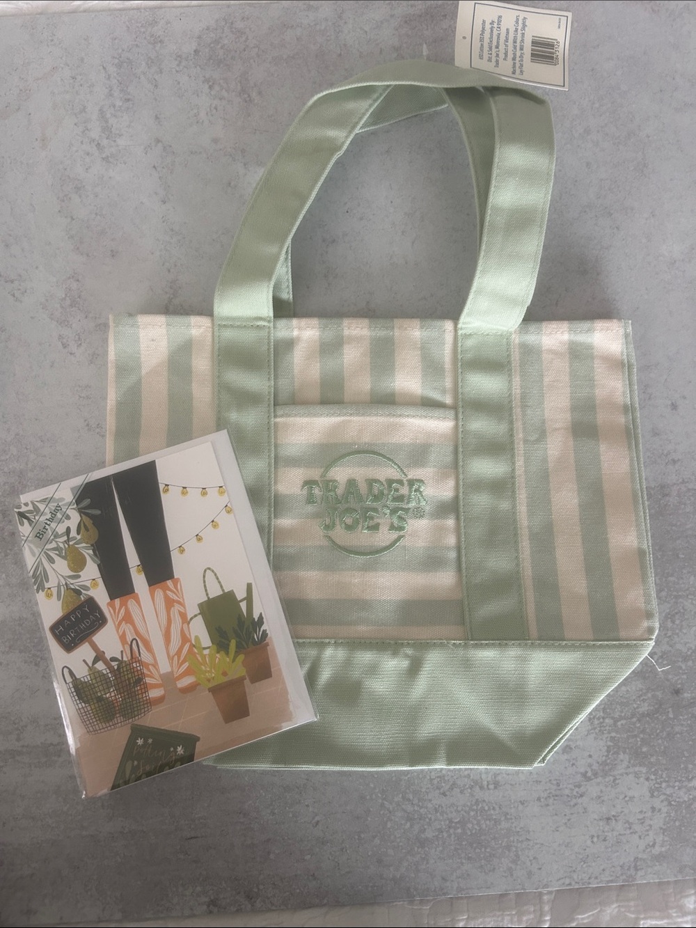 Trader Joe's Mint Striped Tote Bag and 1 Birthday Card